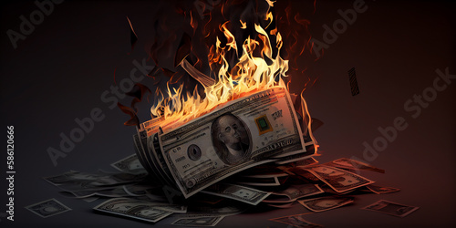 Several 100 dollar bills burn on a black background. The concept of bankruptcy, depreciation, devaluation, wastefulness and waste of money. Isolated. Generative Ai.