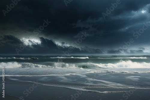 A dramatic beach landscape with dark thunder Generative AI