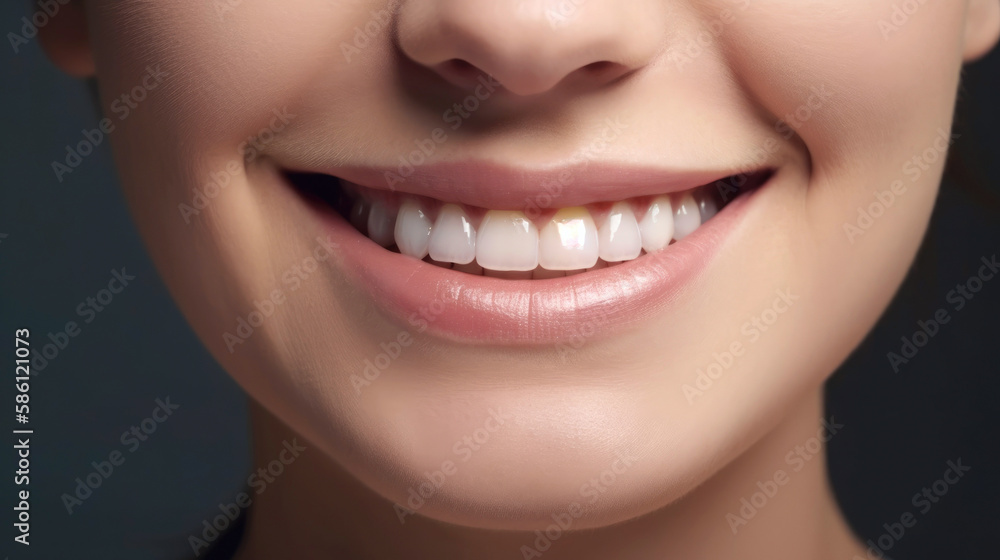 Smile of a charming girl with perfect white teeth close up. Generative AI Smile of a charming girl with perfect white teeth close up. Generative AI