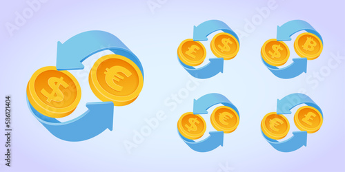 Currency exchange vector icon set: dollar, euro, pound sterling, bitcoin. Money conversion three dimensional illustration. 3D Web Vector Illustration collection.