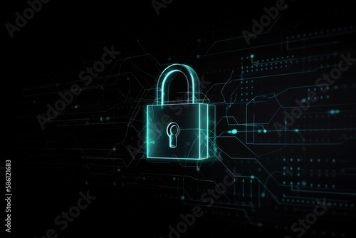 Cyber Security Concept Art: Shield Key Lock Emerging from Laptop Screen Against Dark Blue Background