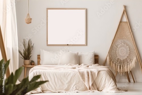 Bedroom frame mockup in boho style with wooden bed, fringed beige blanket, linen cushion with tassels, dried pampas grass and basket lamp on empty white background