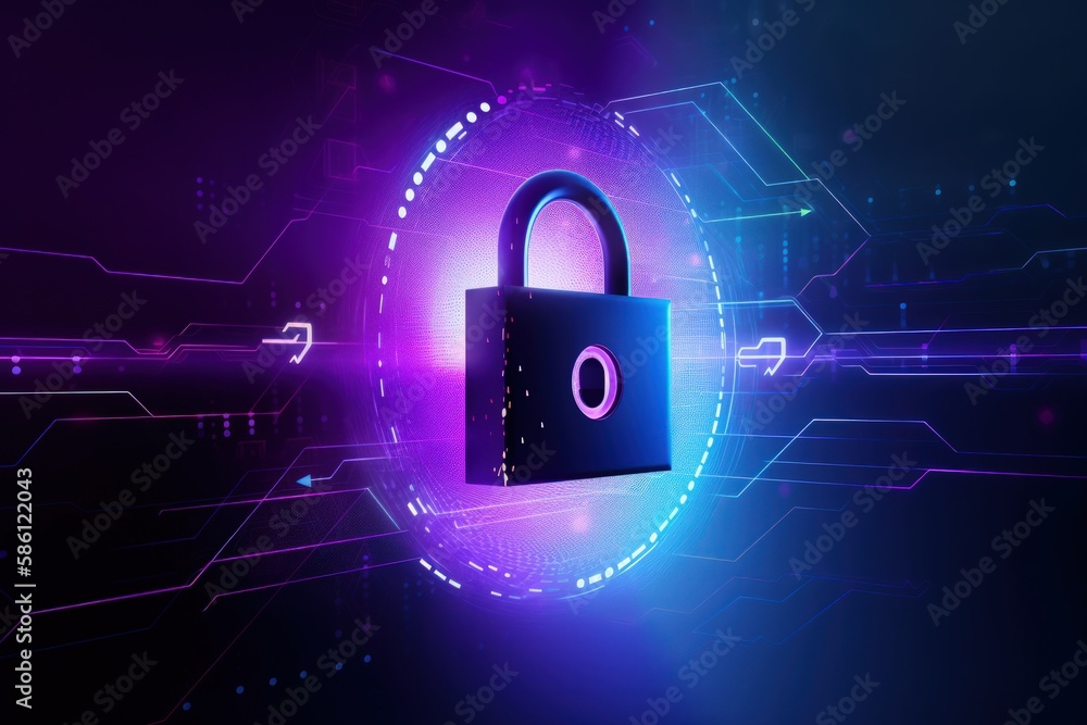 Cyber Security Concept Art: Shield Key Lock Emerging from Laptop Screen Against Dark Blue Background Cyber Security Concept Art: Shield Key Lock Emerging from Laptop Screen Against Dark Blue Background