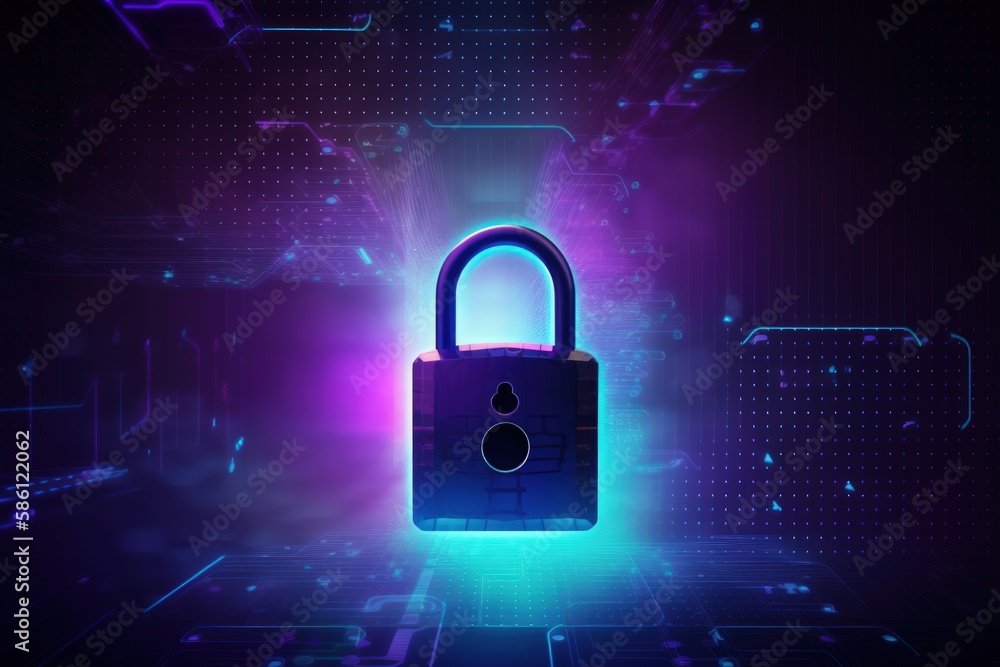 Cyber Security Concept Art: Shield Key Lock Emerging from Laptop Screen Against Dark Blue Background Cyber Security Concept Art: Shield Key Lock Emerging from Laptop Screen Against Dark Blue Background