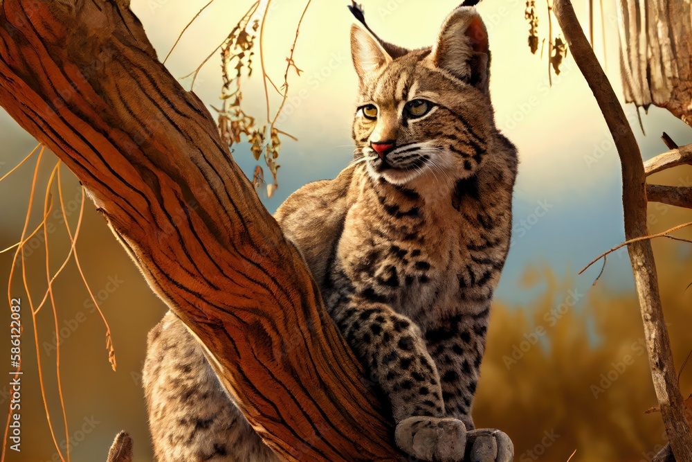 bobcat on tree branch, surveying its territory, created with generative ...