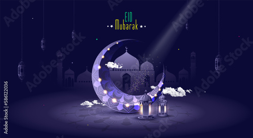 Eid Mubarak with crescent moon gold luxurious  template islamic wallpaper 3d style