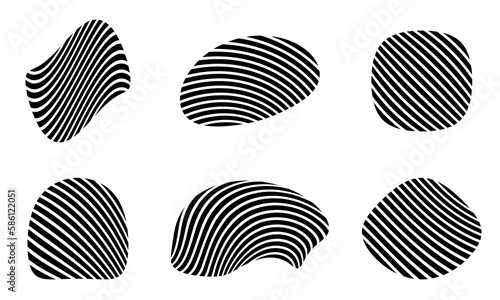 Abstract organic shape set with wavy stripes. Modern geometric fluid or liquid forms, black and white curvy line shapes. Vector illustration. 