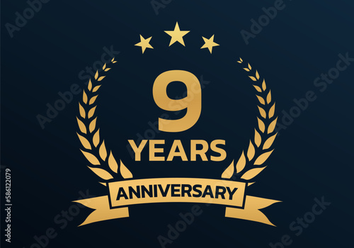 9 year anniversary laurel wreath logo or icon. Jubilee, birthday badge, label or emblem. 9th celebration design element. Vector illustration. photo