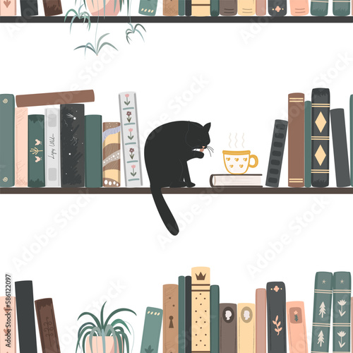 Seamless pattern of vintage books, hot drink mug, cat, and spider plant. Standing books wall background. Home library. Vector illustration