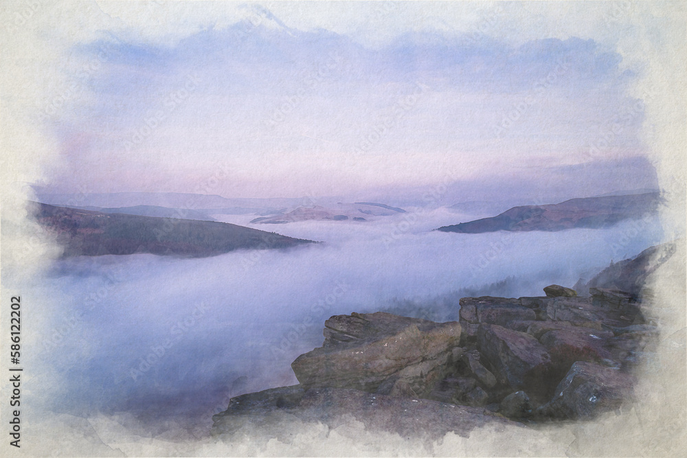 Digital watercolour painting of a Bamford Edge sunrise cloud inversion in the Peak District, UK.