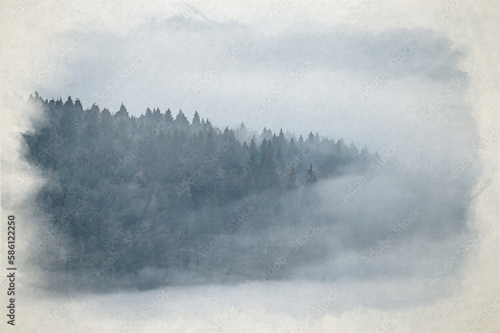 A Bamford Edge digital watercolour painting of trees and mist in the Peak District, UK.