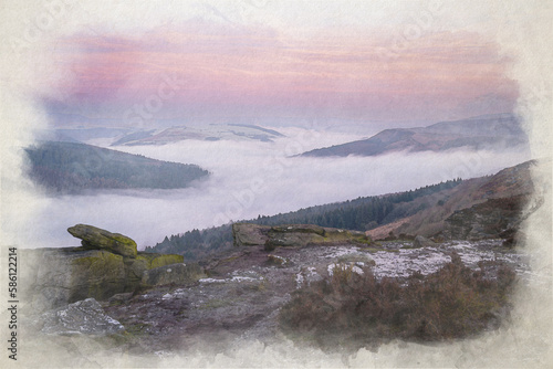 Digital watercolour painting of a Bamford Edge sunrise cloud inversion in the Peak District  UK.