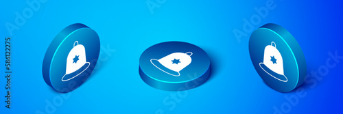 Isometric British police helmet icon isolated on blue background. Blue circle button. Vector