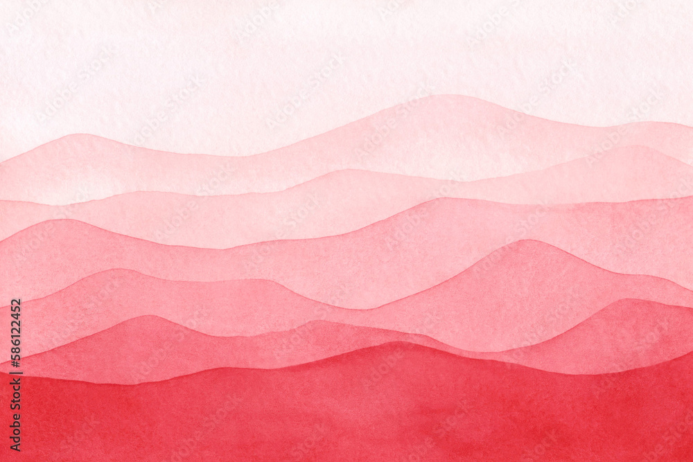 Abstract, textured, watercolor illustration of a red background with a panoramic view of the waves or mountains and hills. Dawn and sunset. Hand drawn with space for text.