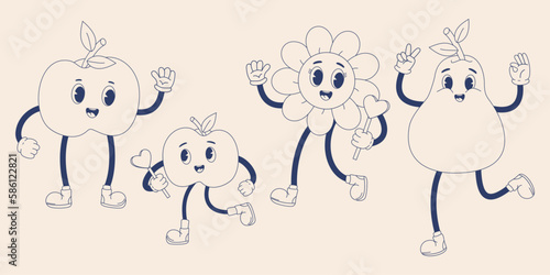 Fototapeta Naklejka Na Ścianę i Meble -  Retro collection trendy groovy cartoon characters. Happy cute apple, pear and flower Power. Vintage mascot fruits. Vector Illustration. Monochrome palette. Isolated funny trendy characters.