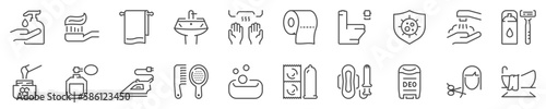 Personal hygiene and care thin line icon set. Symbol collection in transparent background. Editable vector stroke. 512x512 Pixel Perfect.