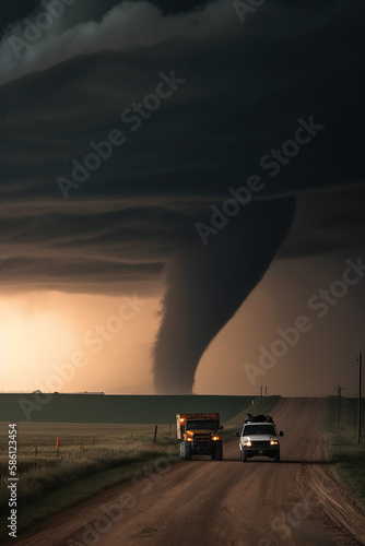 two cars are escaping from a large dangerous tornado destroying local fields, generative AI