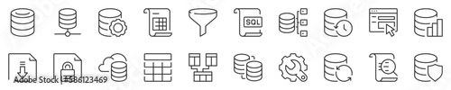 Database and data technology concepts thin line icon set. Symbol collection in transparent background. Editable vector stroke. 512x512 Pixel Perfect.