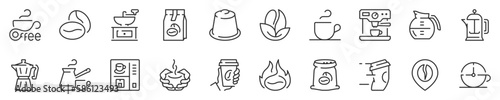 Coffee thin line icon set. Symbol collection in transparent background. Editable vector stroke. 512x512 Pixel Perfect.