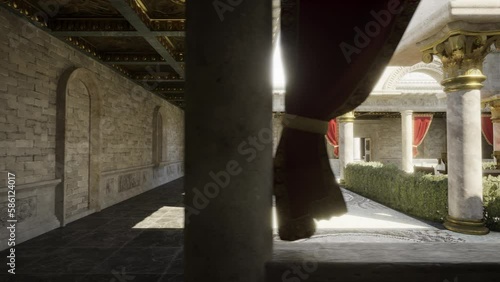 3d animation of a historical ancient roman courtyard - panning shot