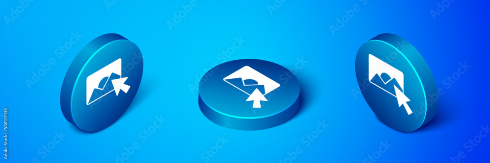 Isometric Photo retouching icon isolated on blue background. Photographer, photography, retouch icon. Blue circle button. Vector Isometric Photo retouching icon isolated on blue background. Photographer, photography, retouch icon. Blue circle button. Vector