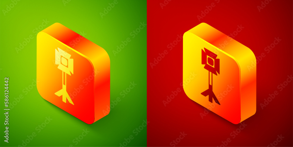 Isometric Studio light bulb in softbox icon isolated on green and red background. Shadow reflection design. Square button. Vector Isometric Studio light bulb in softbox icon isolated on green and red background. Shadow reflection design. Square button. Vector