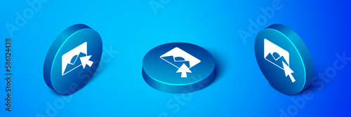 Isometric Photo retouching icon isolated on blue background. Photographer, photography, retouch icon. Blue circle button. Vector