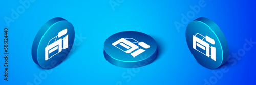 Isometric Cinema camera icon isolated on blue background. Video camera. Movie sign. Film projector. Blue circle button. Vector