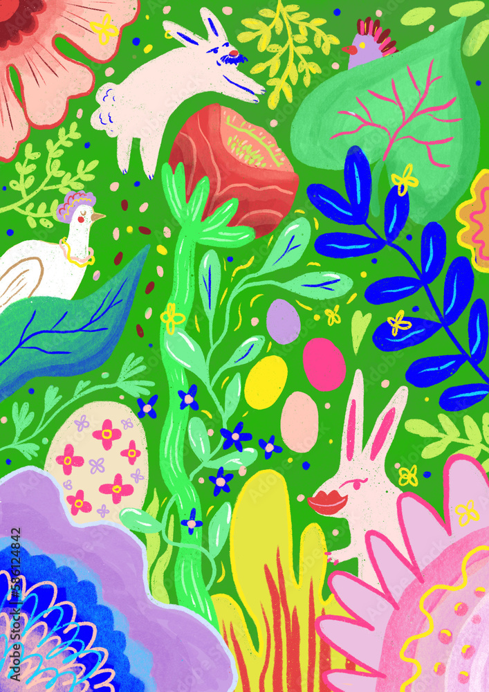 Groovy Easter eggs, bunnies and chicken with colorful plants Groovy Easter eggs, bunnies and chicken with colorful plants