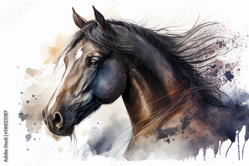 Horse head portrait in an Aquarelle abstract watercolour painting which could be used as an equine poster or flyer  computer Generative AI stock illustration image