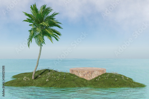 Abstact 3d render summer scene and Natural background  Stone podium on the island covered flowers  grass field and coconut tree backdrop sky and clouds for product display advertising  cosmetic  etc