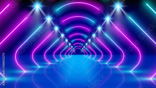 Glowing neon lines, tunnel, led arcade, stage light. Abstract technology background, virtual reality. Pink blue purple corridor glowing neon arch, perspective. Bright stage light. Vector illustration