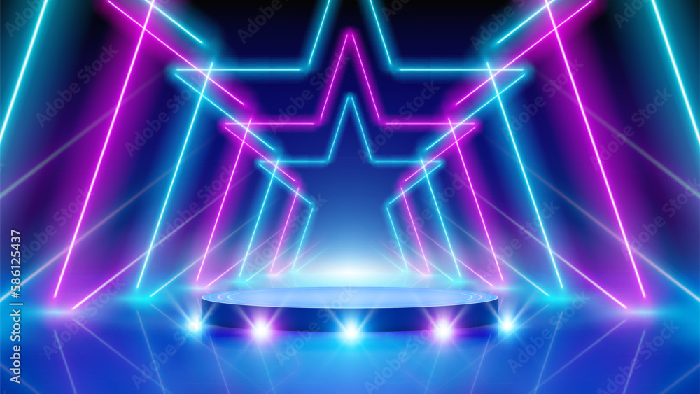 Glowing neon lines, star shaped led arcade, podium, stage light, tunnel. Pink blue purple corridor glowing neon arch, stars. Abstract technology background. Bright stage light. Vector illustration Glowing neon lines, star shaped led arcade, podium, stage light, tunnel. Pink blue purple corridor glowing neon arch, stars. Abstract technology background. Bright stage light. Vector illustration