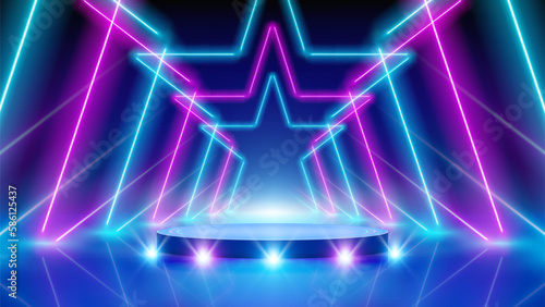Glowing neon lines, star shaped led arcade, podium, stage light, tunnel. Pink blue purple corridor glowing neon arch, stars. Abstract technology background. Bright stage light. Vector illustration