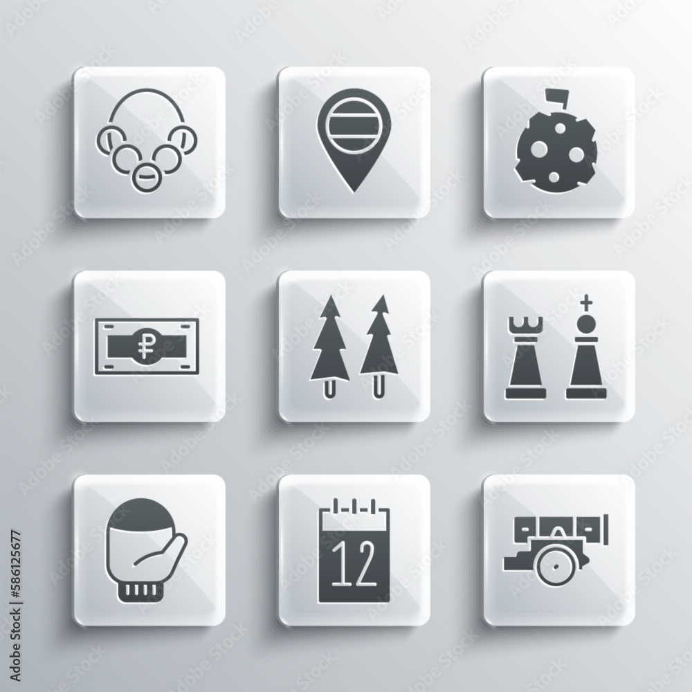 Set Calendar 12 june, Cannon, Chess, Christmas tree, mitten, Russian ruble banknote, bagels and Moon with flag icon. Vector Set Calendar 12 june, Cannon, Chess, Christmas tree, mitten, Russian ruble banknote, bagels and Moon with flag icon. Vector