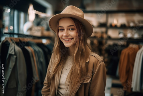 Portrait of a smiling woman in a shop. Ai generated.