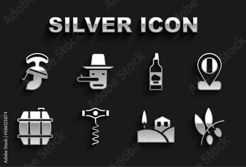 Set Wine corkscrew, Location flag Italy, Olives branch, Village landscape, Barrel for wine, Bottle of olive oil, Roman army helmet and Pinocchio icon. Vector