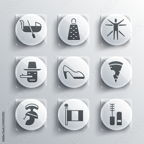 Set Flag Italy, Mascara brush, Slice of pizza, Woman shoe, Roman army helmet, Pinocchio, Gondola and Vitruvian Man icon. Vector