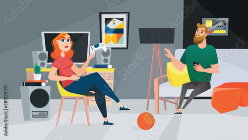 Concept Computer games with people scene in the background cartoon design. Young couple decided to relax and pay computer games together. Vector illustration.