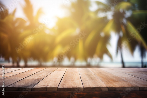 empty wooden table on a tropical beach
