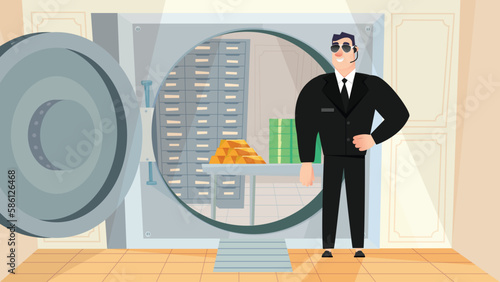 Bank vault concept with people scene in the background cartoon design. Security guards a huge safe with money in the bank. Vector illustration.