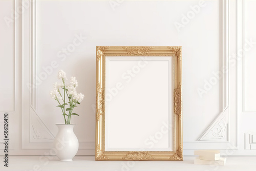 wooden frame mockup in warm neutral minimalist Rustic interior with candle, dried plants, leaves and decor items on empty white wall background.