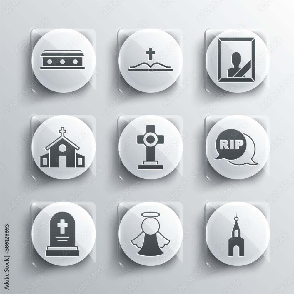 Set Angel, Church building, Speech bubble rip death, Grave with cross, tombstone, Coffin and Mourning photo frame icon. Vector Set Angel, Church building, Speech bubble rip death, Grave with cross, tombstone, Coffin and Mourning photo frame icon. Vector