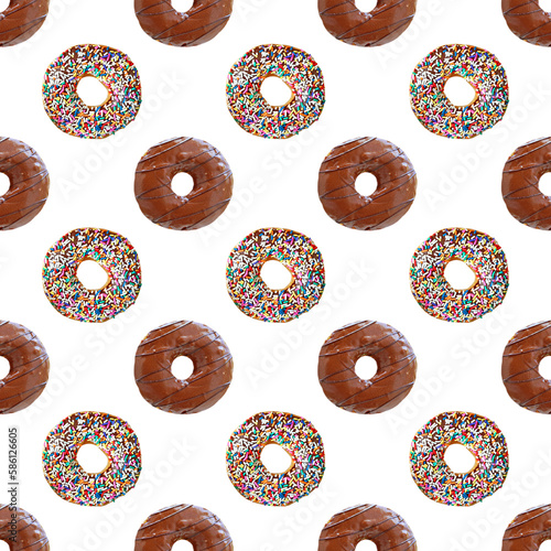 Seamless Pattern of Two Types of Delectable Chocolate Glazed Donuts on transparent backdrop, PNG file