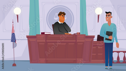Judge's hall concept with people scene in the background cartoon design. Judge waiting for the court session to start. Vector illustration.