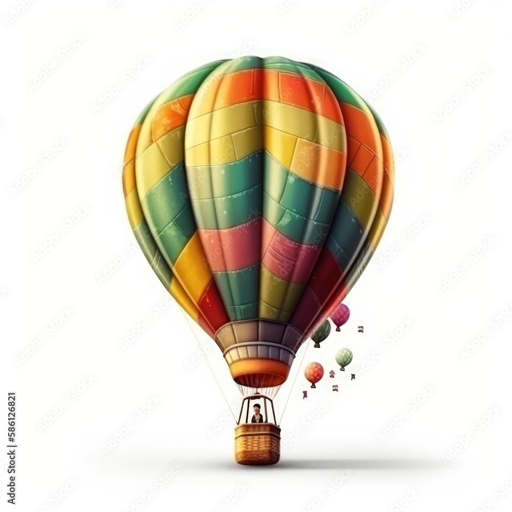 Fototapeta premium Hot air balloon in travel and adventure concept, colorful and isolated on white. A floating symbol of freedom and exploration. Generative AI