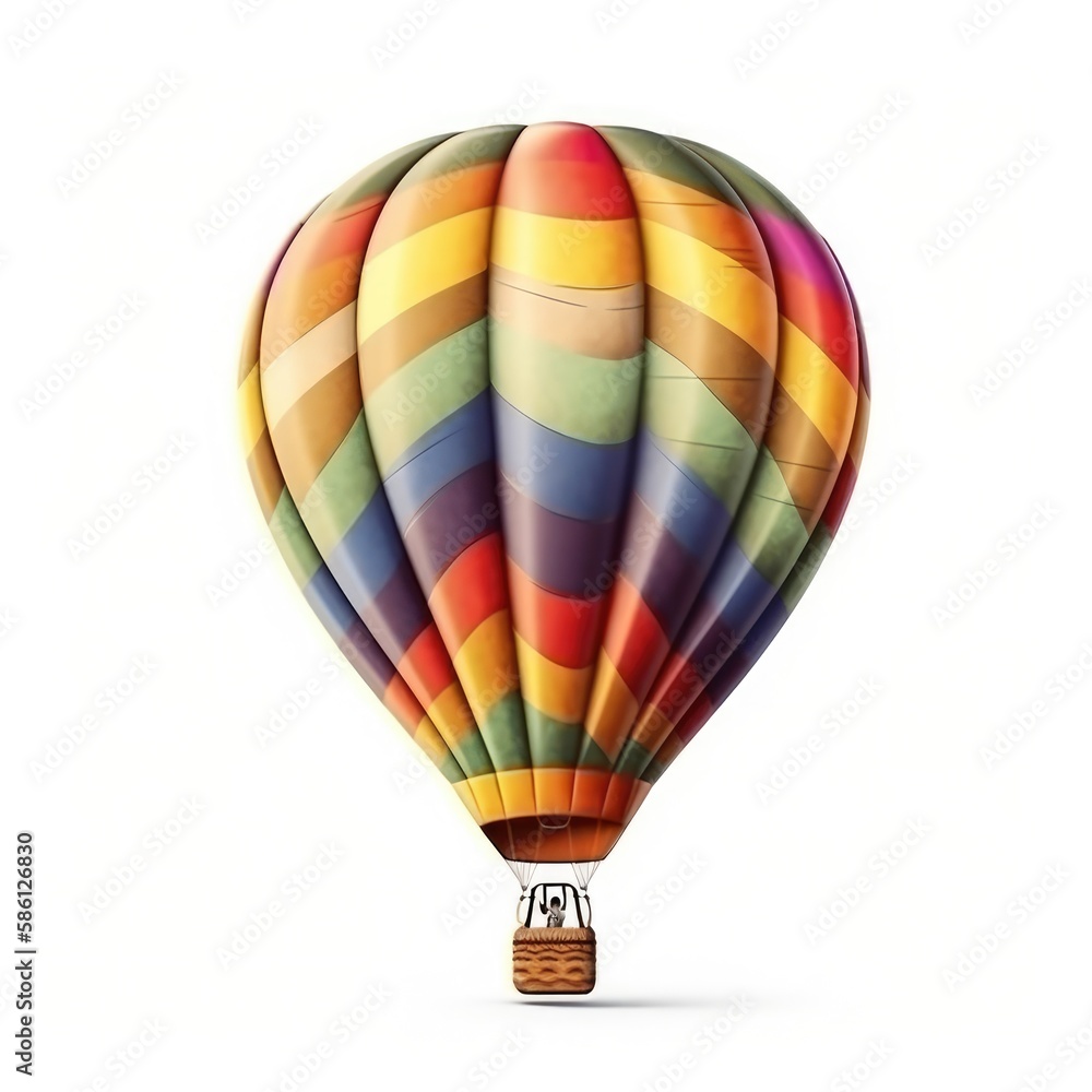 Naklejka premium Hot air balloon in travel and adventure concept, colorful and isolated on white. A floating symbol of freedom and exploration. Generative AI