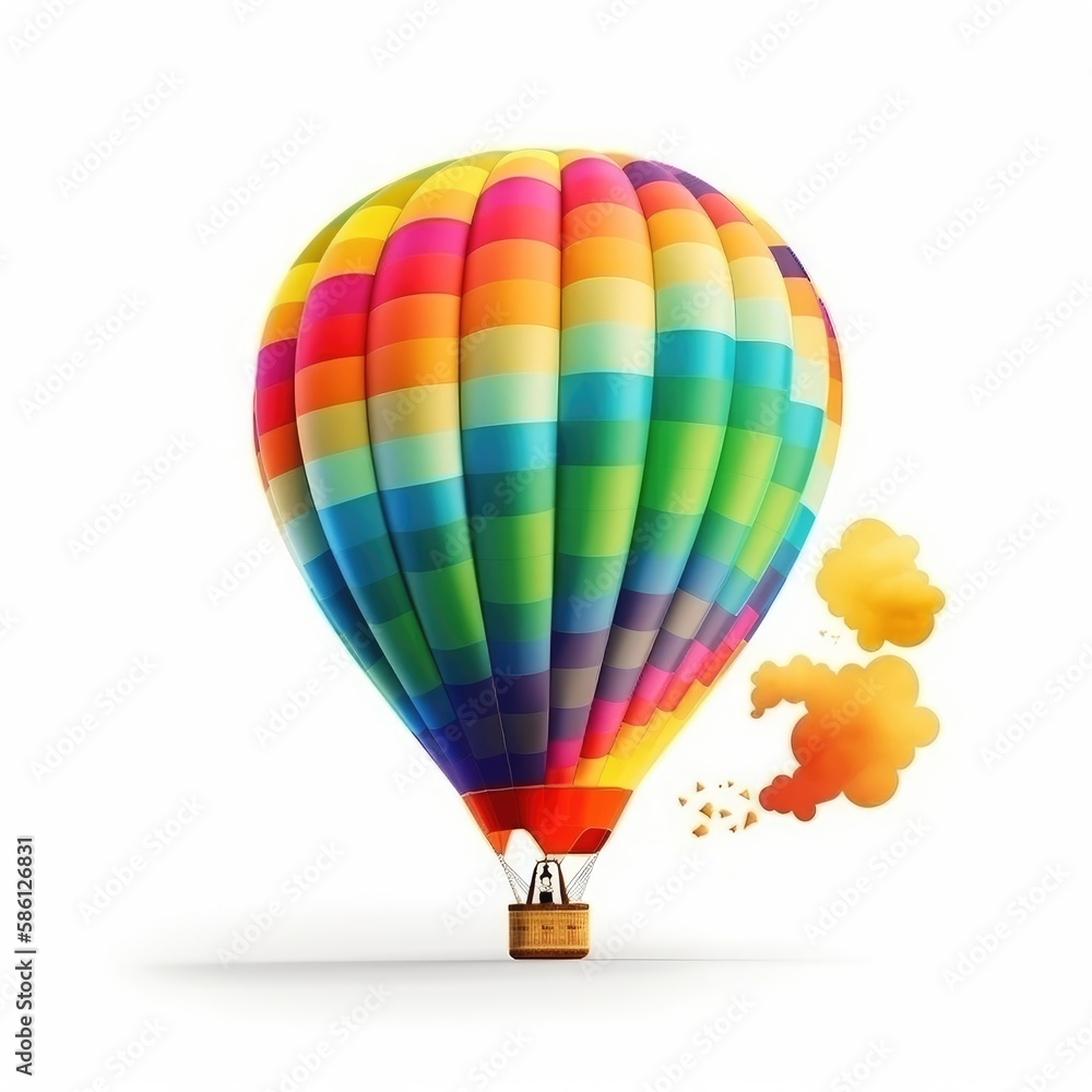 Naklejka premium Hot air balloon in travel and adventure concept, colorful and isolated on white. A floating symbol of freedom and exploration. Generative AI