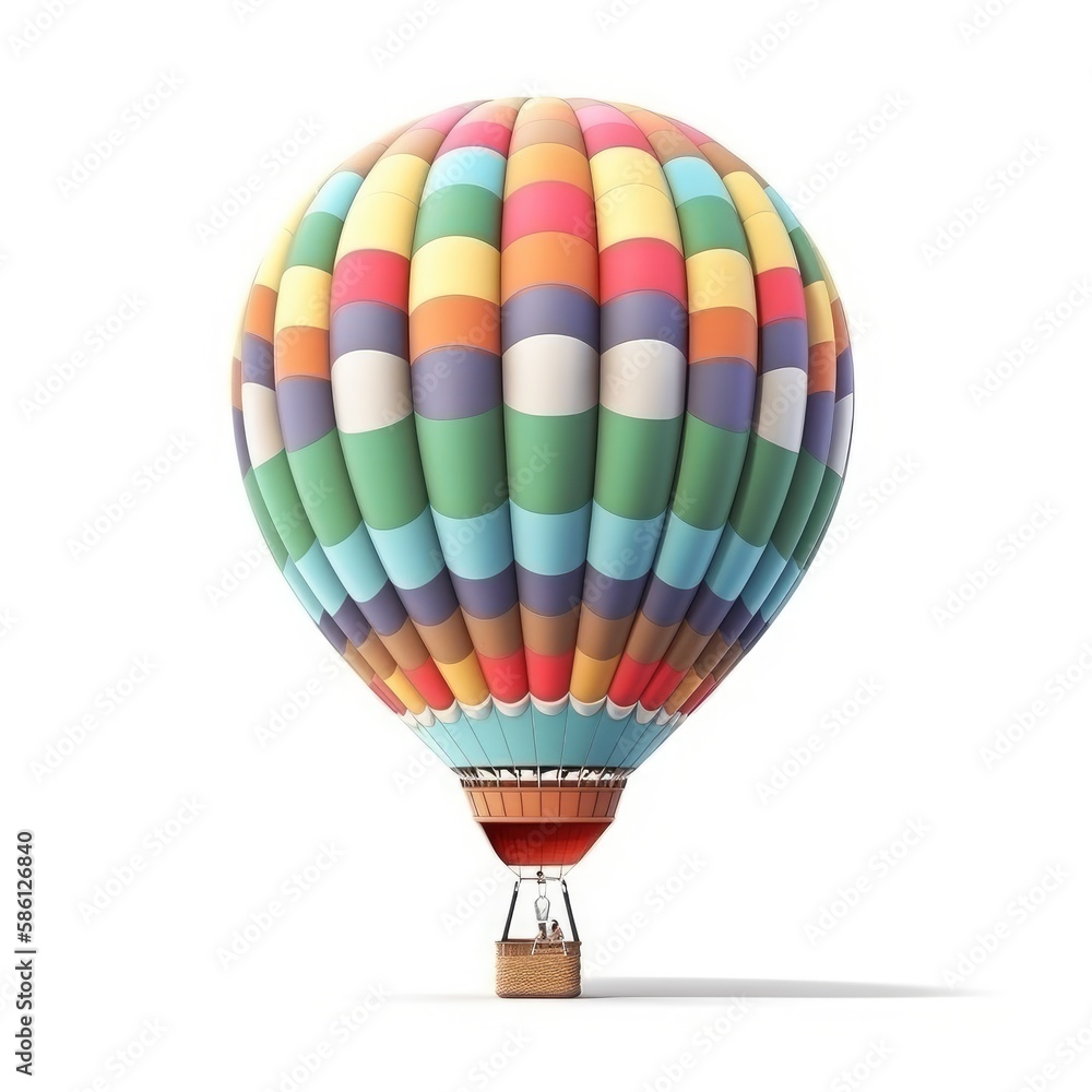 Fototapeta premium Hot air balloon in travel and adventure concept, colorful and isolated on white. A floating symbol of freedom and exploration. Generative AI