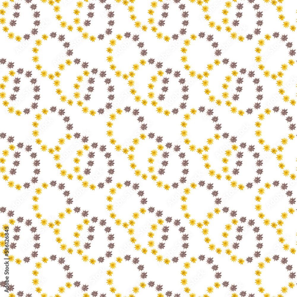 Brown and yellow flowers. Watercolor buds are lined with abstract geometric shapes: circles and ovals. Summer motive. Floral seamless pattern for your design Brown and yellow flowers. Watercolor buds are lined with abstract geometric shapes: circles and ovals. Summer motive. Floral seamless pattern for your design